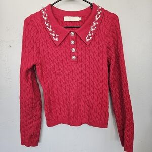 Lizette Collection Women's Red Cable Knit Sweater Embellished Collar Pearl Sm M